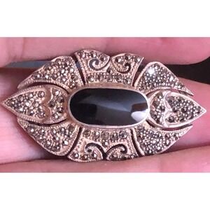 Vintage Sterling Silver Onyx & Marcasite Intricate Filigree Brooch over 11 Grams